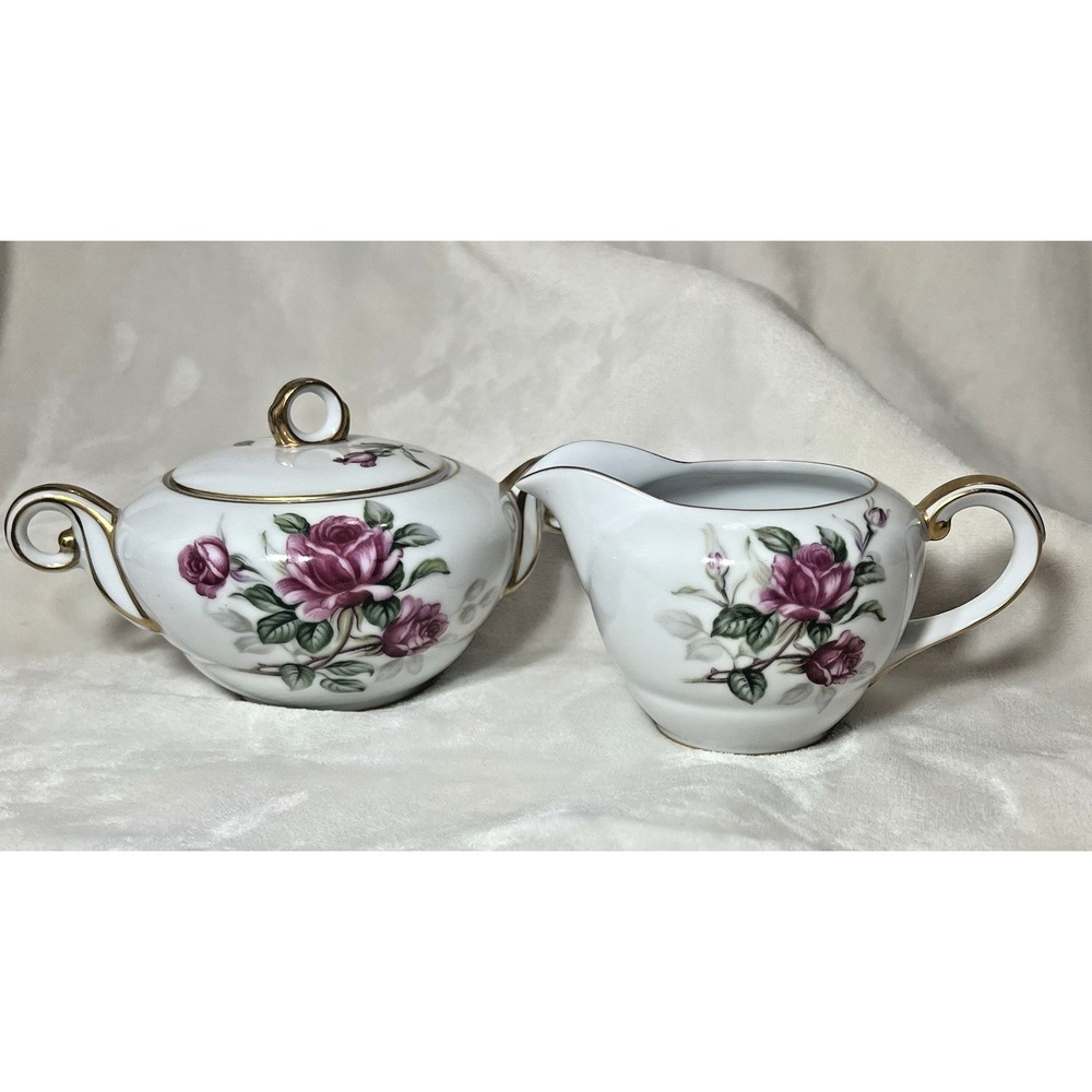 Wentworth China Cameo Rose Creamer and Covered Sugar Bowl Eterna Shape Gold Trim